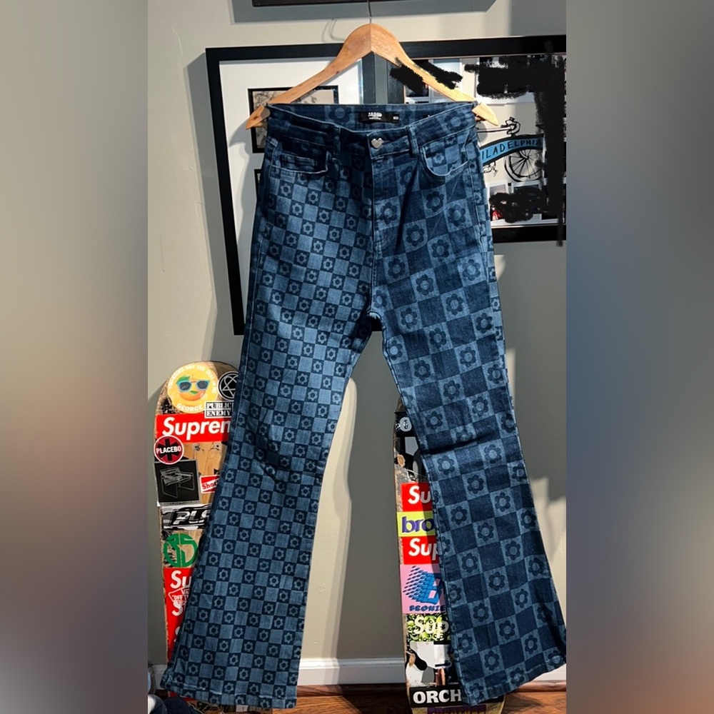 Jaded London High Rise Retro Floral Checkerboard Skinny Flare Jeans - Picture 4 of 9